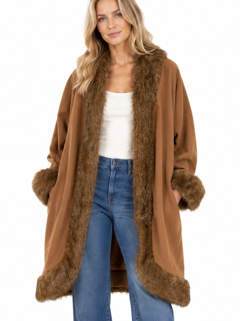 Adrienne Landau Camel Faux Fur Cape SIZE M